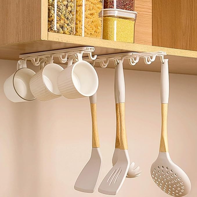 Under Cabinet Hanging Rack White Pull-Out Storage Organizer for Kitchen Mugs Towels Utensils Wardrobe No Drill Installation Space Saving 27cm