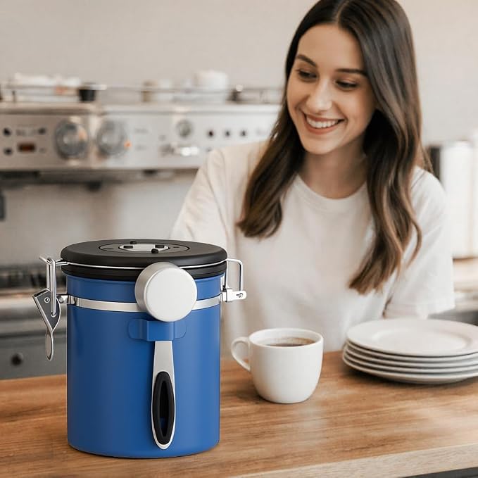 ShanSon Coffee Canister Airtight, Stainless Steel Bean Storage Container with Date Tracker & Scoop, Grounds Sugar Flour Tea Cereal Fits Kitchen Pantry, Ideal Gift for Coffee Lovers,12oz,Blue