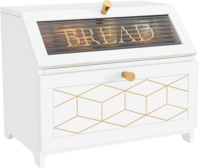 HOLTICO Double Layer Bread Box With Golden Trim for Countertop, Wooden Bread Container for Kitchen Counter, Corner Bread Storage (White)