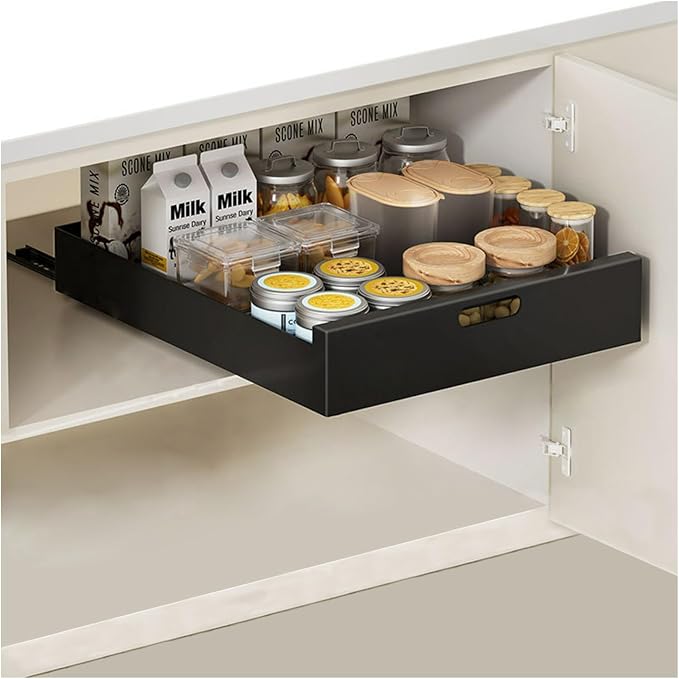 Pull Out Drawers for Cabinets 16.9"Deep, Slide Out Drawers for Kitchen Cabinets Adhesive Pull Out Cabinet Organizer, Cabinet Pull Out Shelves for Kitchen Bathroom and Pantry(Black,13.78"W)