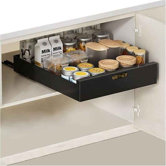 Pull Out Drawers for Cabinets 16.9"Deep, Slide Out Drawers for Kitchen Cabinets Adhesive Pull Out Cabinet Organizer, Cabinet Pull Out Shelves for Kitchen Bathroom and Pantry(Black,13.78"W)