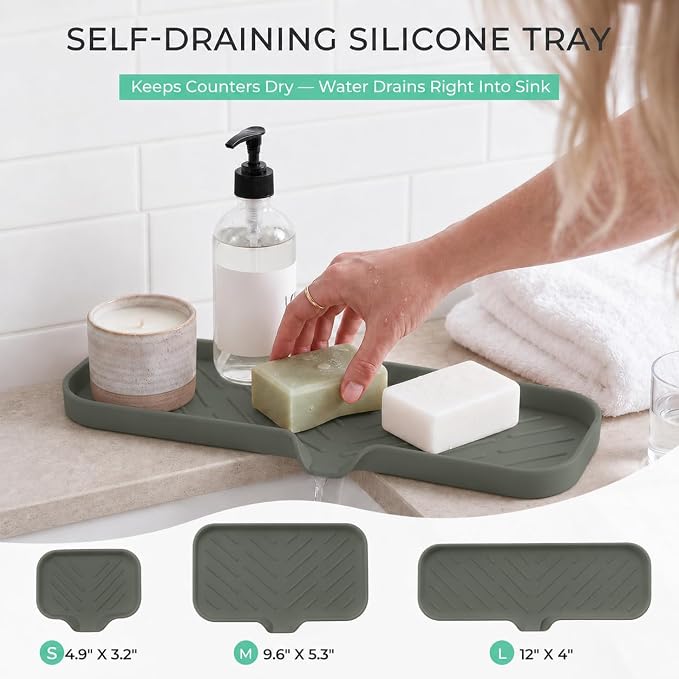 MicoYang Silicone Soap Dish with Drain Spout — Self-Draining Double Sink Organizer Tray for Kitchen & Bathroom, Dispensers, Sponges & Soap Holder, Non-Slip & Dishwasher Safe, Grey (Large, 12"×4")