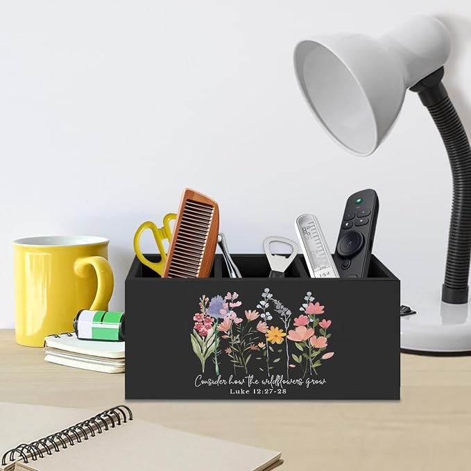 Floral Christian Wooden Pen Pencil Holder for Desk Accessories, Consider How the Wildflowers Grow Bible Verse Wildflowers Wood Makeup Brush Toothbrush Holder Organizer for Vanity Bathroom