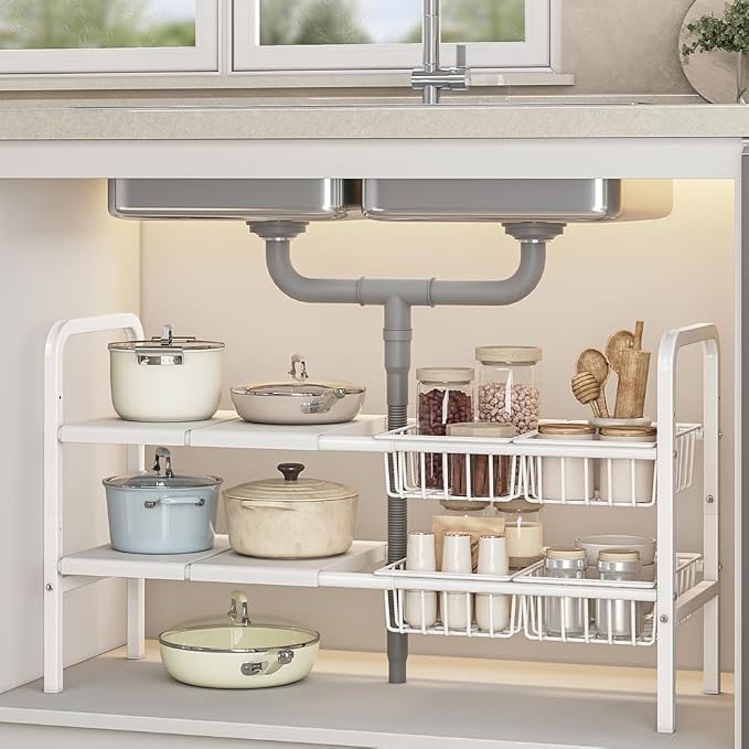 Under Sink Organizer and Storage 2 Tier Expandable Shelves Kitchen Cabinet Crganizers with 4 Baskets and 4 Panels for Bathroom Counter shelf Pantry