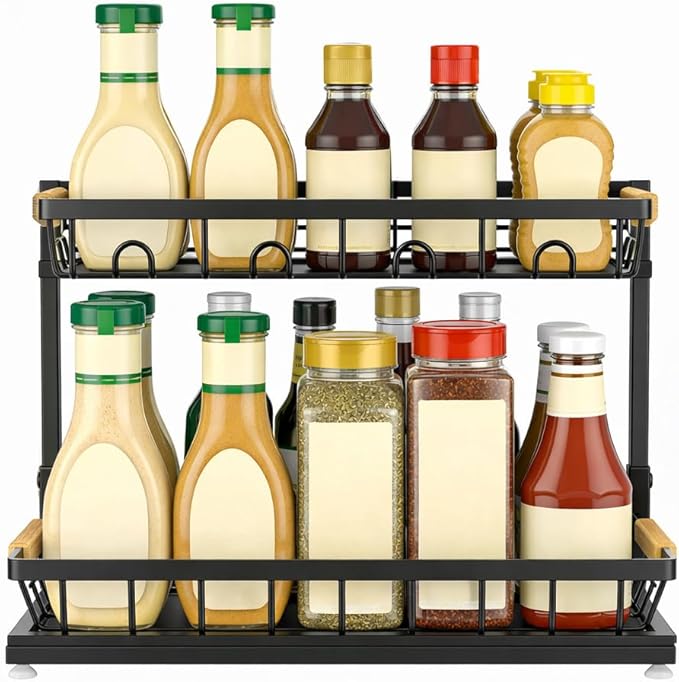 2-Tier Multi-Purpose Bathroom Under Sink Organizers and Storage, Black Adjustable Rack with Wooden Handles for Stackable Kitchen Pantry Organization