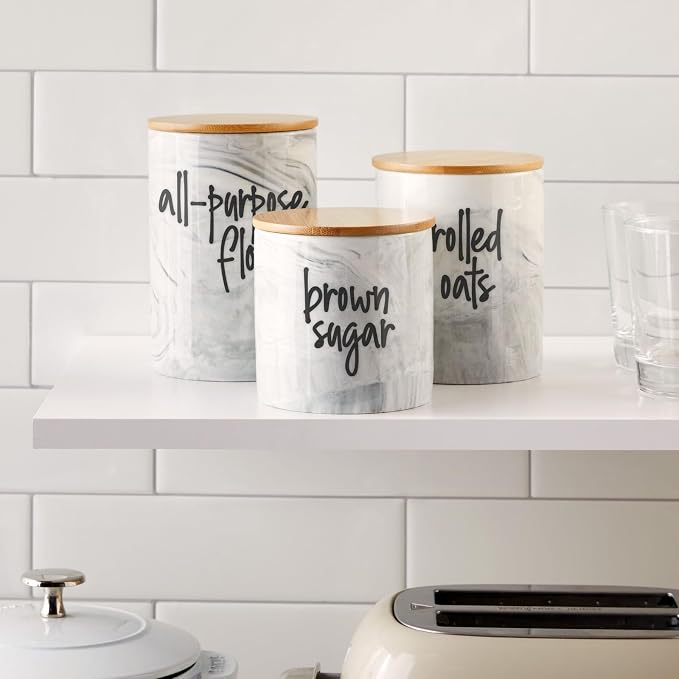Farmlyn Creek Ceramic Jar Set - Airtight Wood Lids for Kitchen Countertop Jars - White Marble Ceramic Food Storage Containers with Lids - Coffee & Sugar Container Set - 5.9", 4.9", 3.9"
