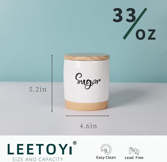 LEETOYI Ceramic Food Storage Containers with Lid,Modern Farmhouse Kitchen Decor, Countertop Food Storage Caddy Organizer, 33oz (Labeled Sugar)