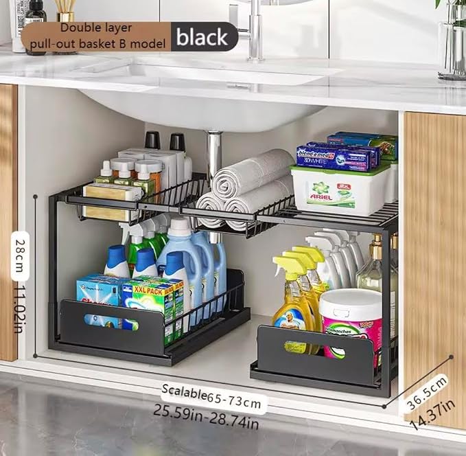 2-Tier Under Sink Slide-Out Storage Organizer, Metal Pull-Out Cabinet Drawer for Kitchen & Bathroom (Black)