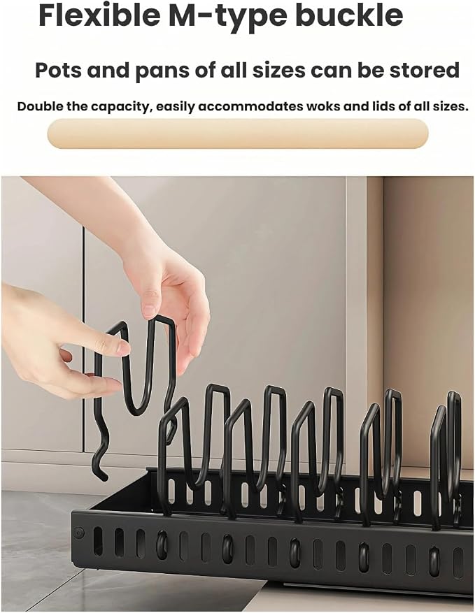 Pull out drawers Pots and Pans Organizer With M-Shaped Vertical Slots Under Cabinet，Slide Out inside Cabinet Storage for Pot Lid Holder And Spoon Rest,Dishes,7 Adjustable Dividers(Black,"M"Style)