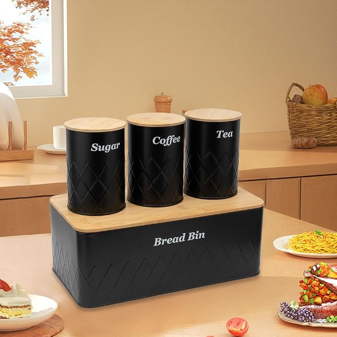 Black Bread Box for Kitchen Countertop, Coffee Tea Sugar Container with Bamboo Lid(1 Bread Bin & 3 Canisters)
