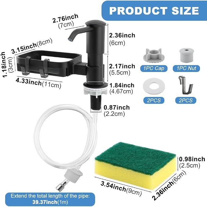 Soap Dispenser Pump for Kitchen Sink with Sponge Rack,Under Counter Sink Soap Dispenser Pump with 39" Extension Tube Kit,Fit for Kitchen Bathroom in Counter(Black)