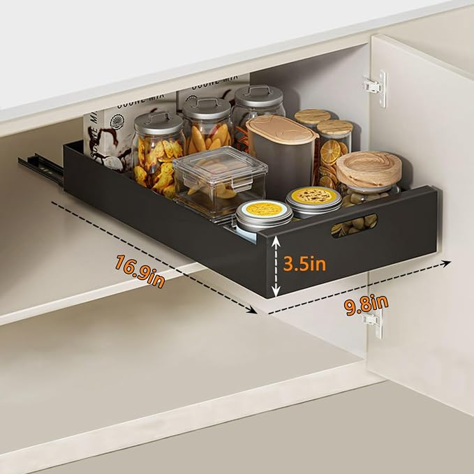 Pull Out Drawers for Cabinets 16.9"Deep, Slide Out Drawers for Kitchen Cabinets Adhesive Pull Out Cabinet Organizer, Cabinet Pull Out Shelves for Kitchen Bathroom and Pantry(Black,9.8"W)