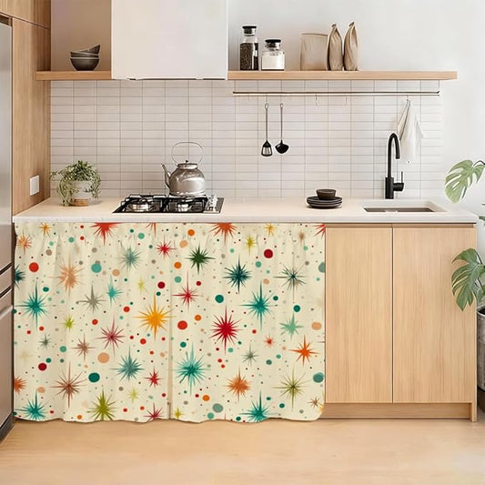 Self Adhesive Retro Starburst Cabinet Curtain for Mother's Day, 39x28 Inch Mid-Century Modern Under Sink Skirt No Drill, Spring Cleaning Kitchen Decor, Hook and Loop Valance