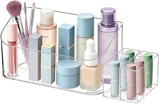 Makeup Tray Holder Organizer Cosmetic Display Case Tabletop Desktop Vanity Countertop Bathroom Wall Cabinet Medicine Storage Box 9 Dividers 2 Removable Women Ladies Girls Gifts Crystal Clear 1 PACK