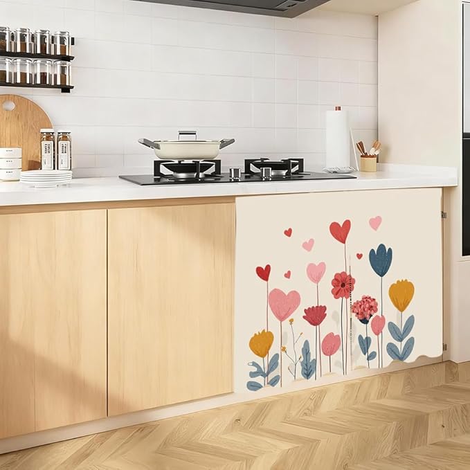 Self Adhesive Floral Heart Cabinet Curtain for Mother's Day, 39x28 Inch Colorful Spring Flower Under Sink Skirt No Drill, Deep Cleaning Kitchen Decor, Hook and Loop Laundry Valance