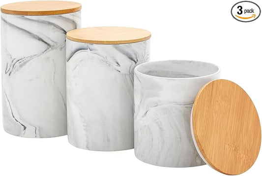 Farmlyn Creek Ceramic Jar Set - Airtight Wood Lids for Kitchen Countertop Jars - White Marble Ceramic Food Storage Containers with Lids - Coffee & Sugar Container Set - 5.9", 4.9", 3.9"