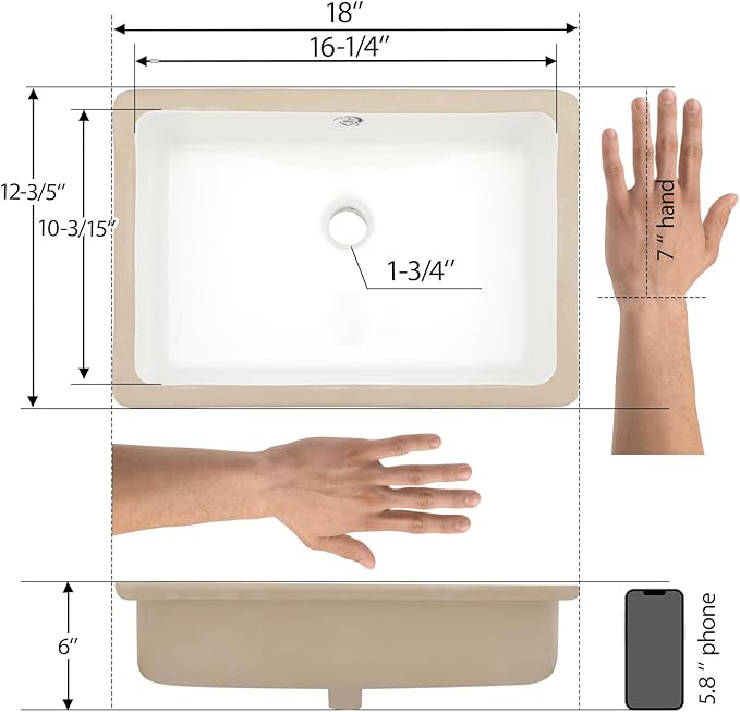 Mocoloo Undermount Bathroom Sink 18 x 12 Inch Rectangle Porcelain White Ceramic Bathroom Sink 6 Inch Deep Basin with Overflow Small Lavatory Vanity Top Under Mounted the Counter