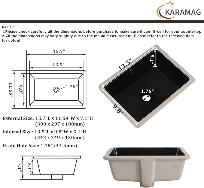 16 Inch Matte Black Undermount Bathroom Sink Small Rectangle Undermount Sink Black Under Counter Bathroom Sinks with Overflow (15-3/4"x11-3/4")