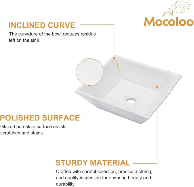 Mocoloo White Vessel Sink 16 x 16 Inch Square Ceramic Bathroom Sinks Above Counter Porcelain Vanity Top Sinks Square Countertop Modern Bathroom Sink 16 Inch Single Art Basin