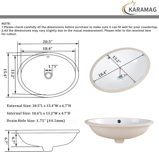 20.5 Inch Undermount Bathroom Sink Oval Undermount Sink White Ceramic Under Counter Bathroom Sinks with Overflow (20.5"x15.4")