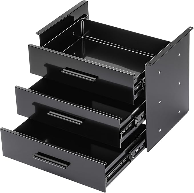 Menkxi 16 inch Under Desk Drawer Storage Pull out Storage Organizer Mounted Metal Sliding Hidden Under Counter Drawer Vertically Stacked for Office Sit Stand Workstation(Black,3 Layer)