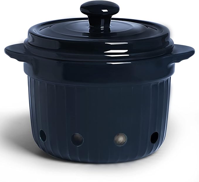 Garlic Keeper with Lid, Ceramic Garlic Saver Container for Countertop, Kitchen Decor (Navy)
