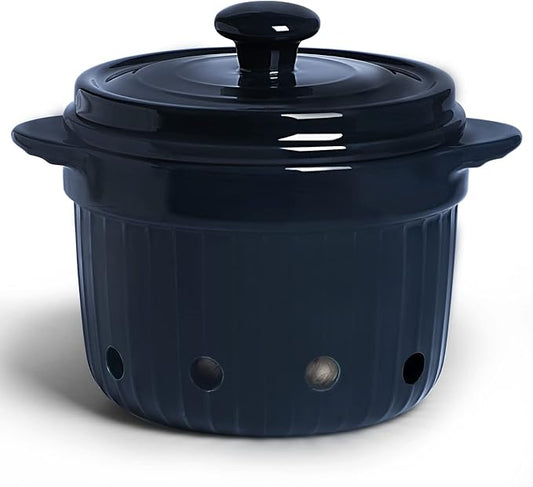 Garlic Keeper with Lid, Ceramic Garlic Saver Container for Countertop, Kitchen Decor (Navy)
