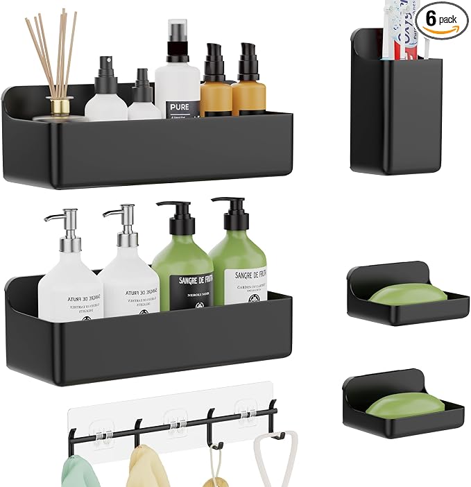 Adhesive Shower Caddy 6 Pack Rustproof Shower Shelves for Inside Shower No Drilling Bathroom Organizers and Storage Large Rack with Soap Holder Clear