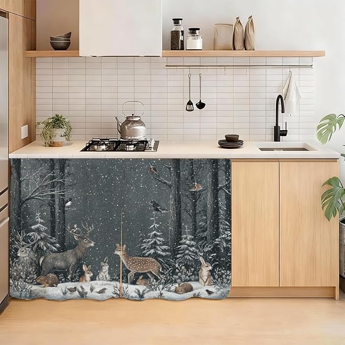 Self Adhesive Forest Animals & Deer Cabinet Curtain for Mother's Day, 39x28 Inch Dark Woodland Under Sink Skirt No Drill, Spring Cleaning Kitchen Decor, Hook and Loop Laundry Valance