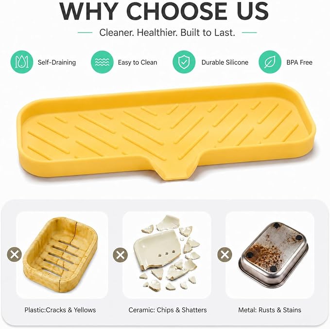 MicoYang Silicone Soap Dish with Drain Spout — Self-Draining Double Sink Organizer Tray for Kitchen & Bathroom, Dispensers, Sponges & Soap Holder, Non-Slip & Dishwasher Safe, Yellow (Large, 12"×4")