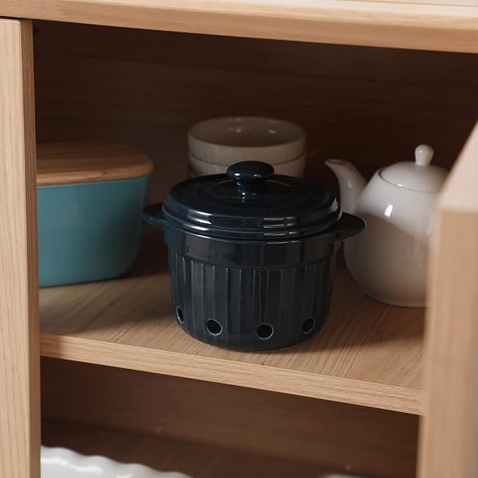 Garlic Keeper with Lid, Ceramic Garlic Saver Container for Countertop, Kitchen Decor (Navy)
