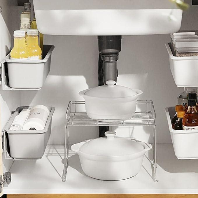 Cabilock Shelf Pull out Drawer Organizer Gray Kitchen Cabinet Storage Box No Drilling Space-saving Holder under Sink and Narrow Gap Storage
