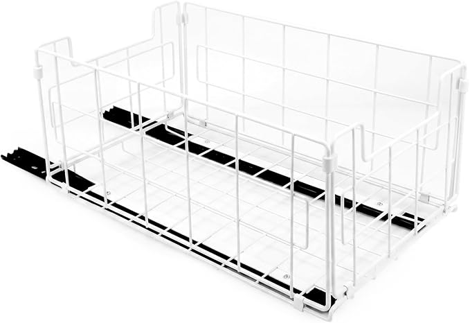 Pull Out Cabinet Sliding Basket Organizer, Heavy Duty Slide Out Drawer for Kitchen Cabinet, No Drill Adhesive Sliding Shelves for Kitchen Bathroom Home, 13.8" D x 8.5" W x 6.3" H, White