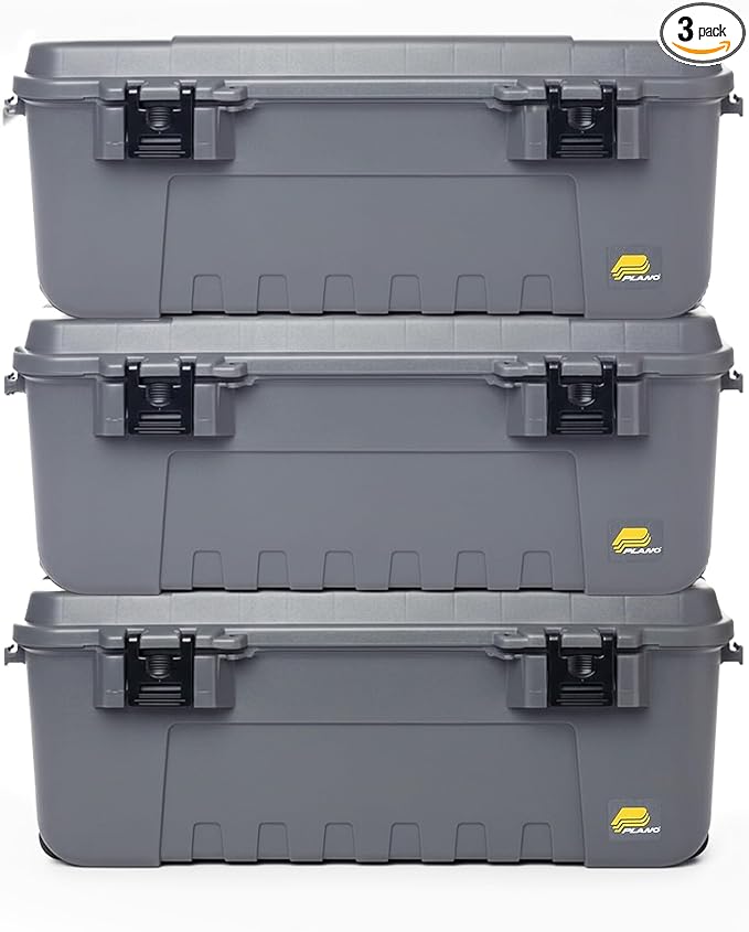 Plano 3 Pack Storage Trunk with Wheels, Gray, Lockable Storage Box, Airline Approved Sportsman Trunk, Hunting Gear and Ammunition Bin, Heavy-Duty Containers for Camping, 108-Quart