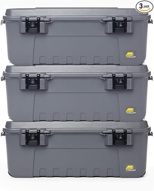 Plano 3 Pack Storage Trunk with Wheels, Gray, Lockable Storage Box, Airline Approved Sportsman Trunk, Hunting Gear and Ammunition Bin, Heavy-Duty Containers for Camping, 108-Quart