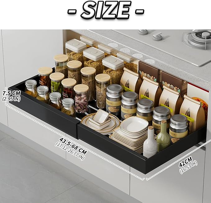 Gigicloud Pull Out Cabinet Organizer Expandable, Heavy Duty Slide Out Drawers for Kitchen Cabinets - Adhesive No Drill Roll Out Shelves Adjustable Width Roll Out Shelf - Fits 12.6"-26.7" Widths