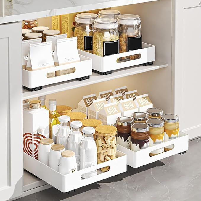 10.2" w x 14.5" d Heavy Duty Pull Out Cabinet Organizer, No Drill Slide Out Drawers with Strong Adhesive Film, Metal Slide Out Shelves for Kitchen Bathroom Pantry Storage, Smooth & Quiet Operation
