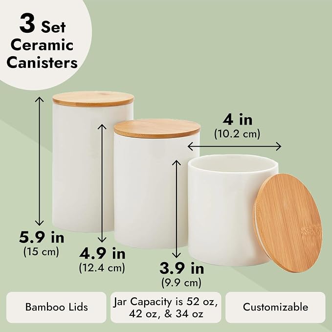 Farmlyn Creek White Ceramic Canisters - Coffee Canisters with Airtight Wood Lids - Countertop Coffee Tea Sugar Container Set - Flour & Sugar Storage Containers - 3 Pack, 4x4x5.9/4x4x4.9/4x4x3.9 in