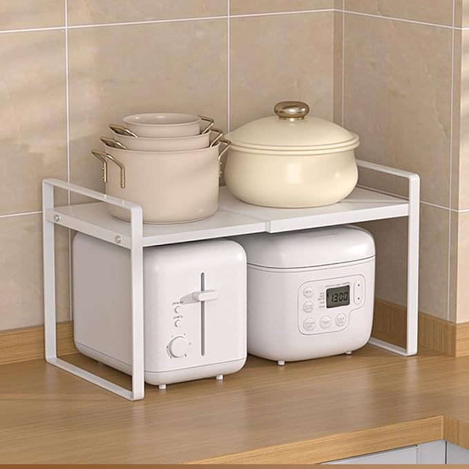 Expandable Cabinet Shelf Organizer Adjustable Storage Rack Stackable Metal Home Organization for Kitchen Pantry Spice Cupboard Under Sink Countertop - White, 1 Pack