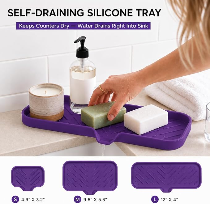 MicoYang Silicone Soap Dish with Drain Spout — Self-Draining Double Sink Organizer Tray for Kitchen & Bathroom, Dispensers, Sponges & Soap Holder, Non-Slip & Dishwasher Safe, Purple (Large, 12"×4")