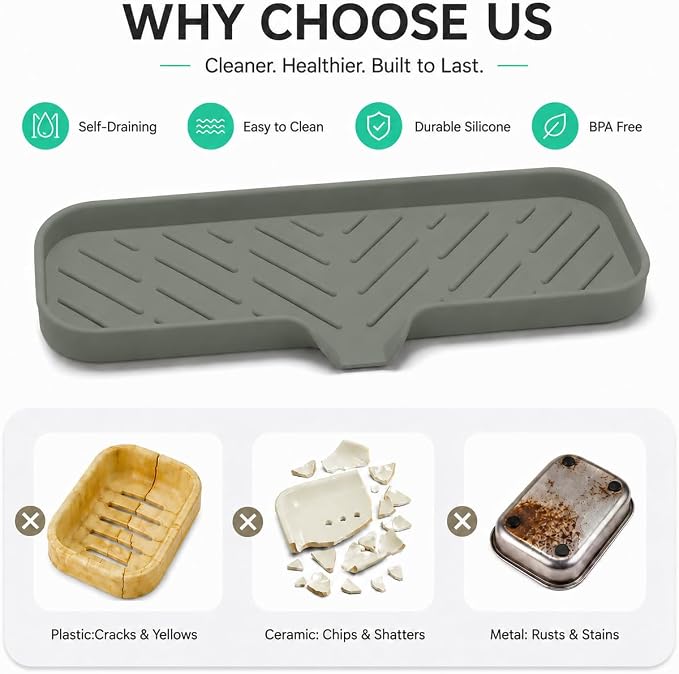 MicoYang Silicone Soap Dish with Drain Spout — Self-Draining Double Sink Organizer Tray for Kitchen & Bathroom, Dispensers, Sponges & Soap Holder, Non-Slip & Dishwasher Safe, Grey (Large, 12"×4")