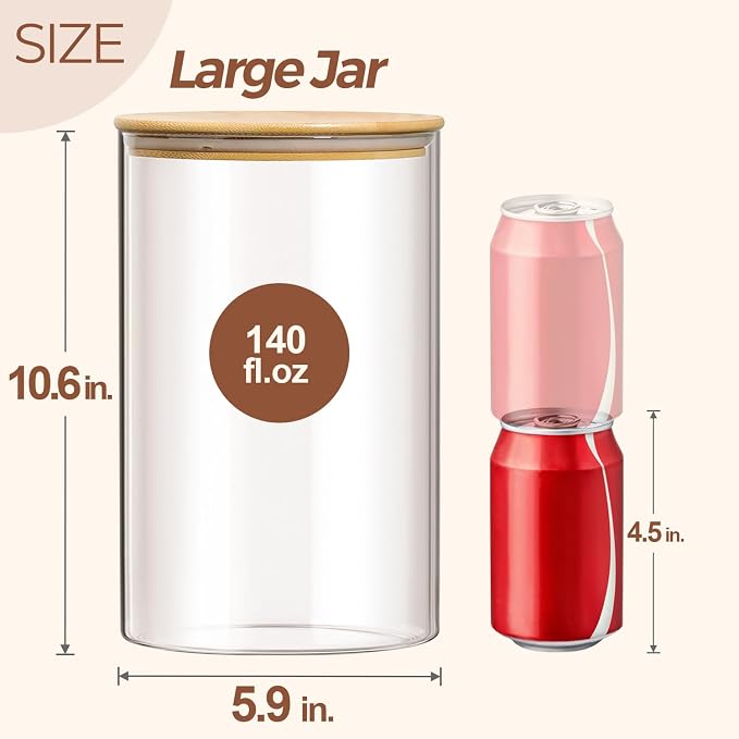 ComSaf Glass Jar with Airtight Lid (140 oz/4 liter/1.1 Gallon), Large Glass Food Storage Container with Bamboo Lid, Jars with Lids for Food