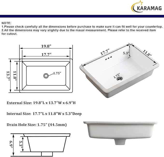 20 Inch Undermount Bathroom Sink Rectangle Undermount Sink White Ceramic Under Counter Bathroom Sinks with Overflow (19.8"x13.7")