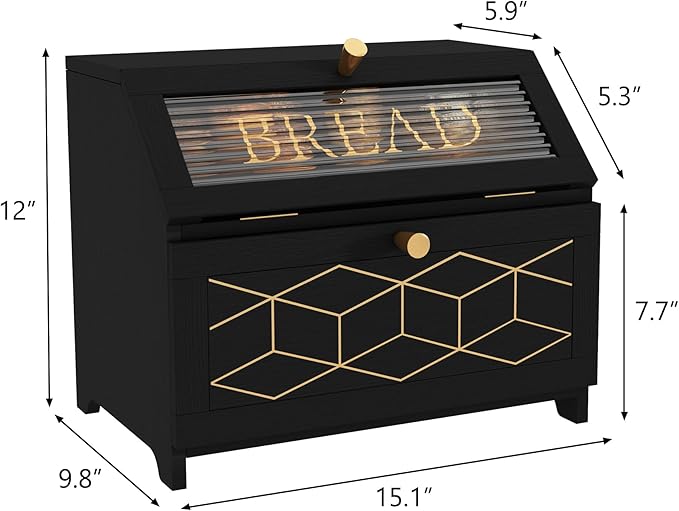 HOLTICO Double Layer Bread Box With Golden Trim for Countertop, Wooden Bread Container for Kitchen Counter, Corner Bread Storage (Black1)