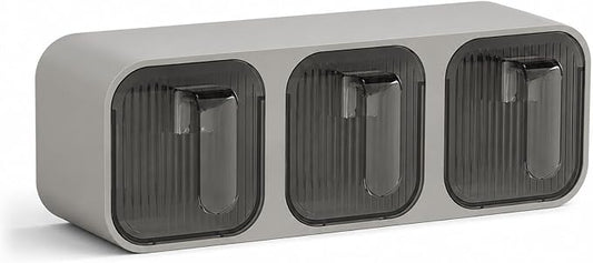 Wall Mounted Spice Box Organizer with Spoons, No Drill Kitchen Seasoning Containers for Salt Sugar Pepper, Pull Out Seasoning Storage Holder for Countertop Cabinet Pantry (Gray 3 Compartments)