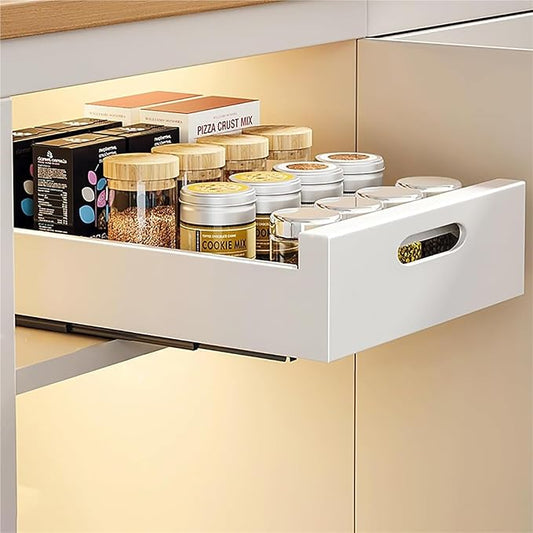 Extendable Pull Out Cabinet No Drill Sliding Drawer Space Saving Storage Solution for Kitchen Bathroom & Pantry，White 30 * 43 * 7cm