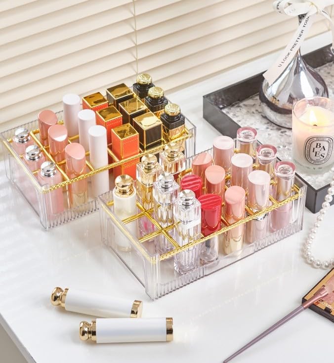18 Grids Lipsticks Organizer, Clear Acrylic, 2 Pack | Lip Gloss Holder, Storage Display Case, For Chapstick & Lip Balm, Makeup Storage