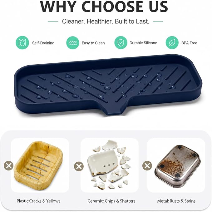 MicoYang Silicone Soap Dish with Drain Spout — Self-Draining Double Sink Organizer Tray for Kitchen & Bathroom, Dispensers, Sponges & Soap Holder, Non-Slip & Dishwasher Safe, Navy Blue (Large, 12"×4")