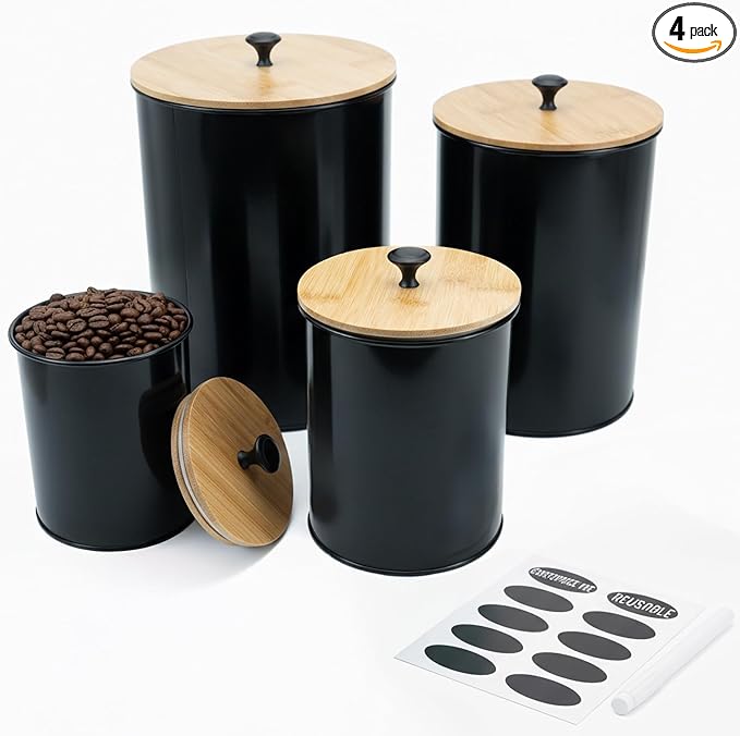 Canisters Sets for the Kitchen Set of 4 Kitchen Canisters for Countertop Airtight Black Flour and Sugar Containers with Bamboo Lids Labels and Marker for Pantry and Coffee Bar Decor