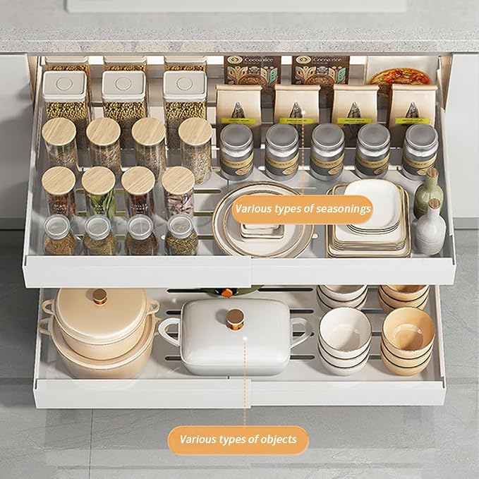 Gigicloud Pull Out Cabinet Organizer Expandable, Heavy Duty Slide Out Drawers for Kitchen Cabinets - Adhesive No Drill Roll Out Shelves Adjustable Width Roll Out Shelf - Fits 12.6"-26.7" Widths